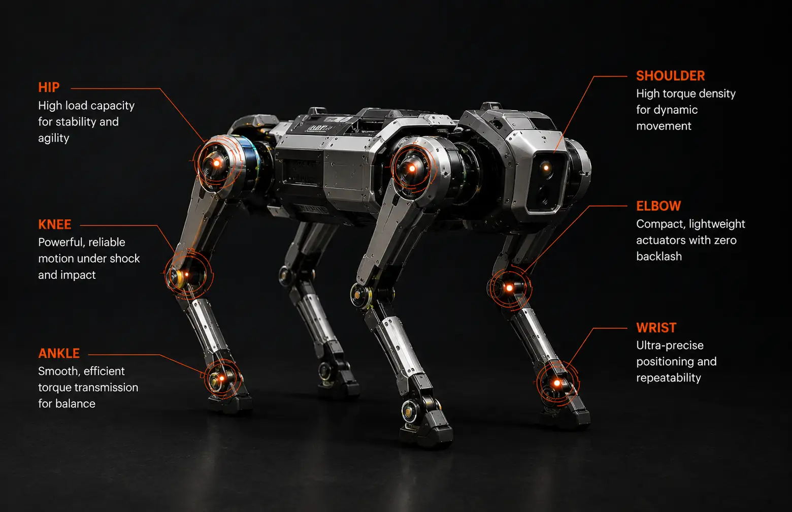 Quadruped robot with Torrqe transmission fit points at hip, shoulder, knee, and lower-leg actuator joints.
